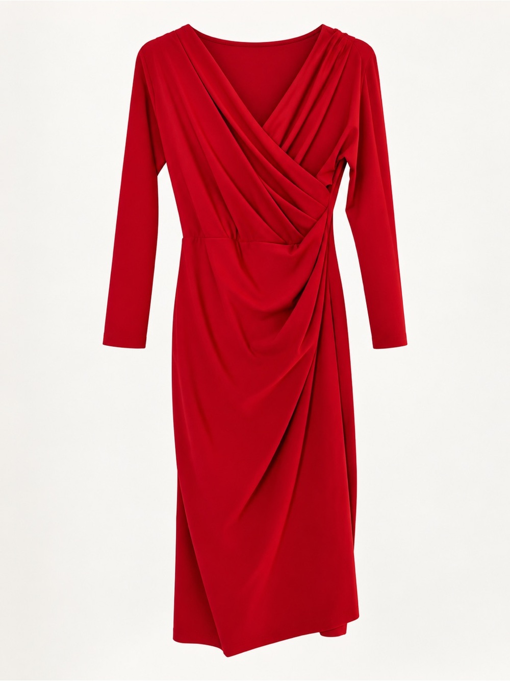 Red Draped Wrap Midi Dress - Women